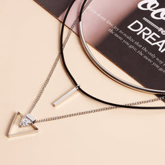 Stacked Multi-Layer Cowhide Rope Geometric Triangle Pendant Necklace