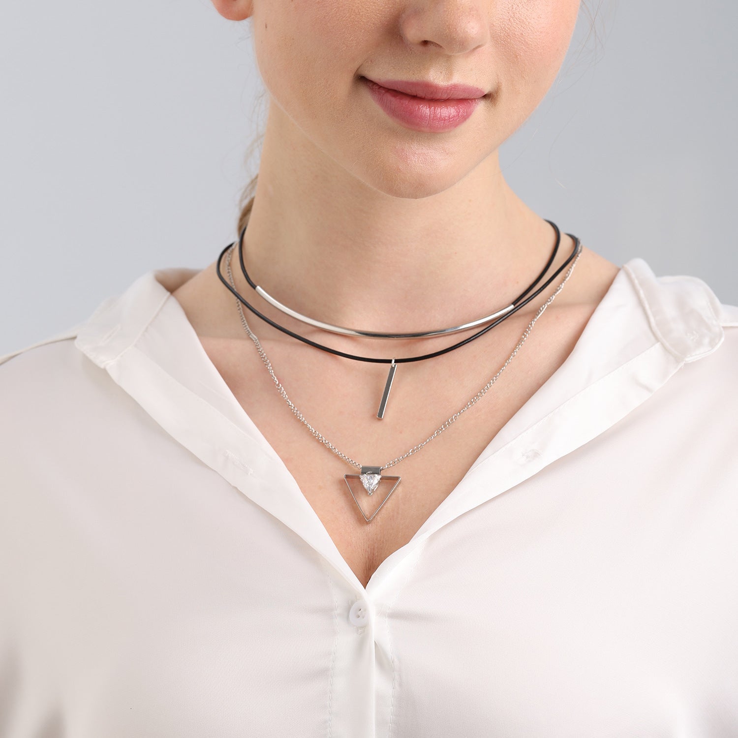 Stacked Multi-Layer Cowhide Rope Geometric Triangle Pendant Necklace