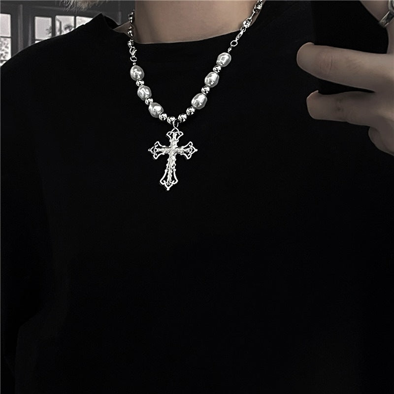 Personalized vintage cross pearl pendant necklace