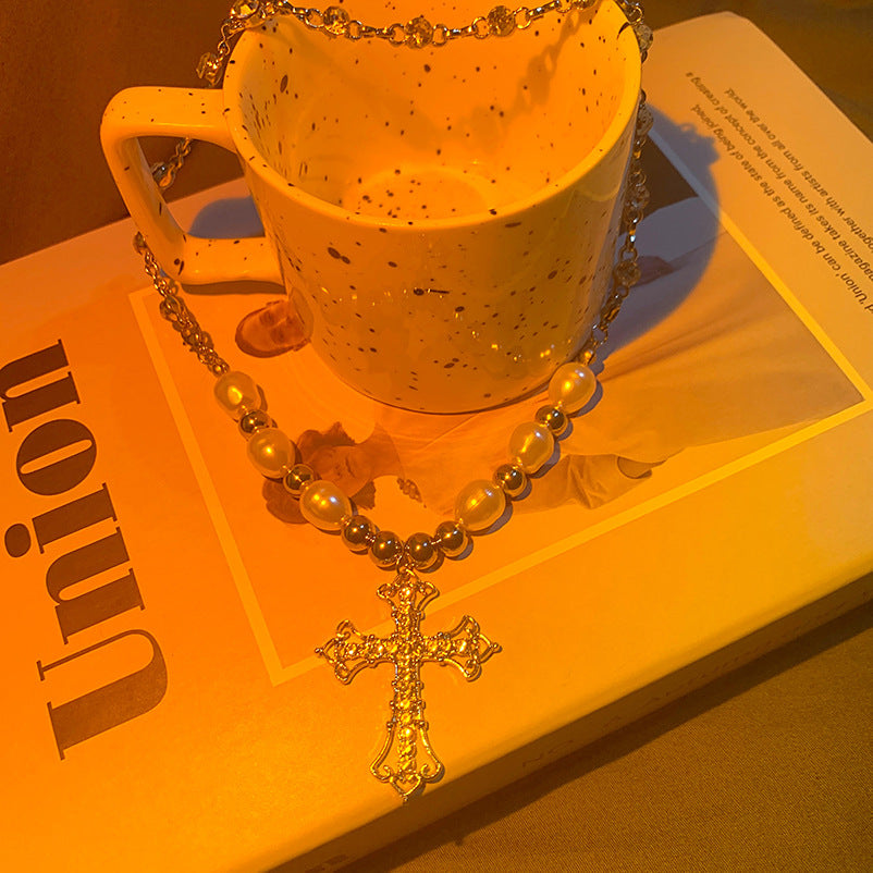 Personalized Vintage Cross Pearl Pendant Necklace