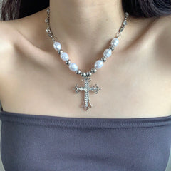 Personalized Vintage Cross Pearl Pendant Necklace