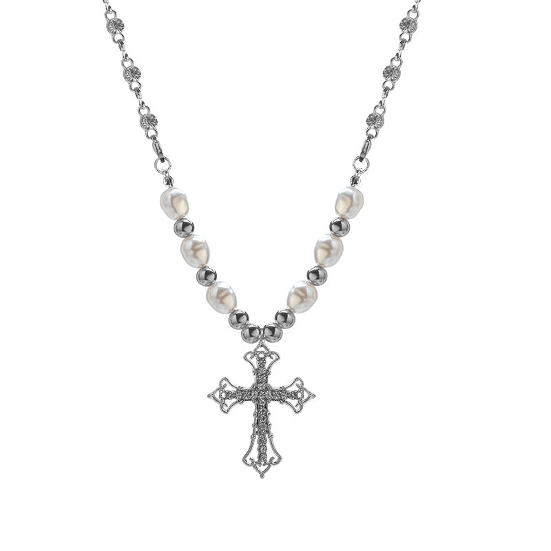 Personalized vintage cross pearl pendant necklace