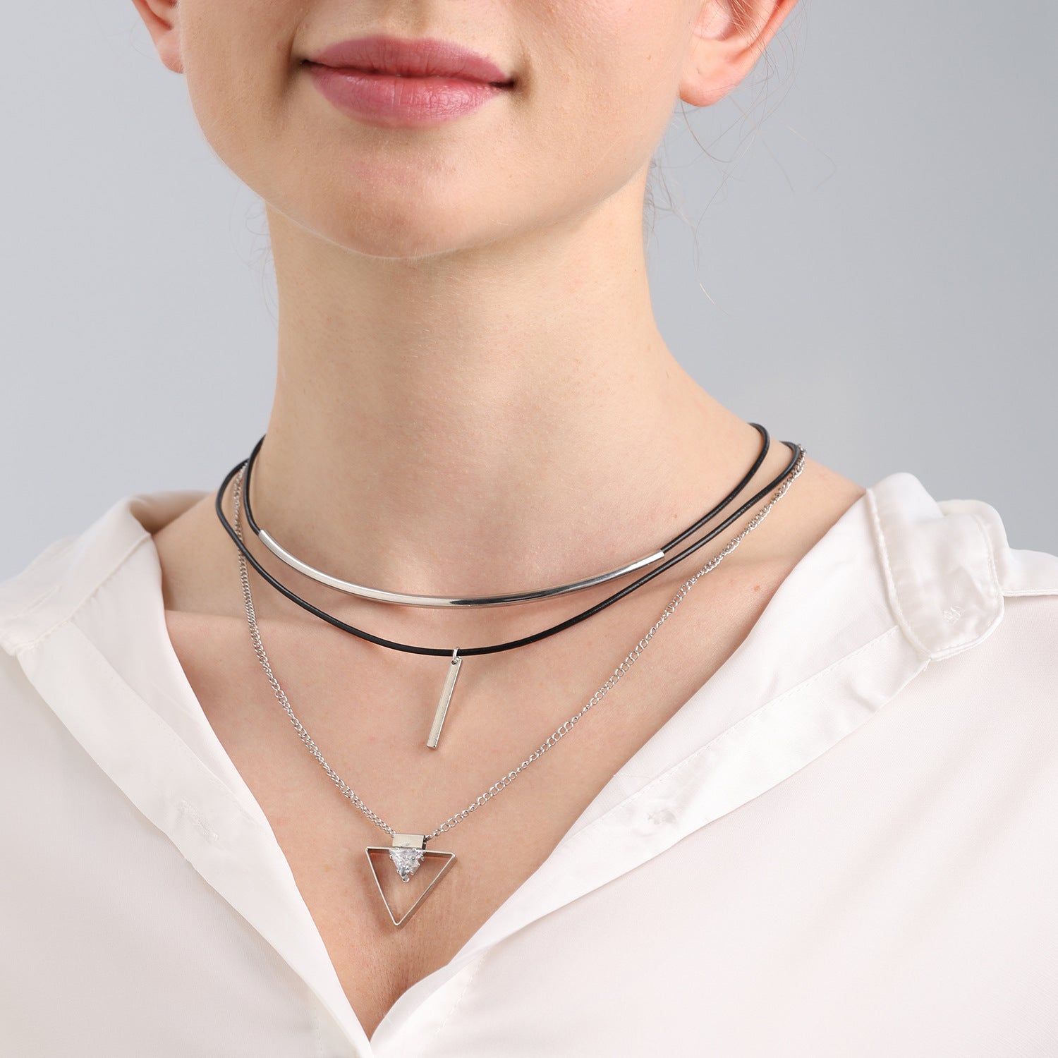 Stacked multi-layer cowhide rope geometric triangle pendant necklace