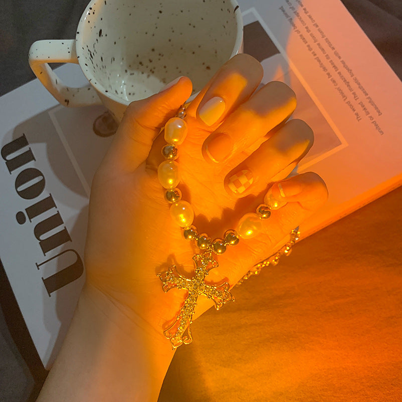 Personalized Vintage Cross Pearl Pendant Necklace