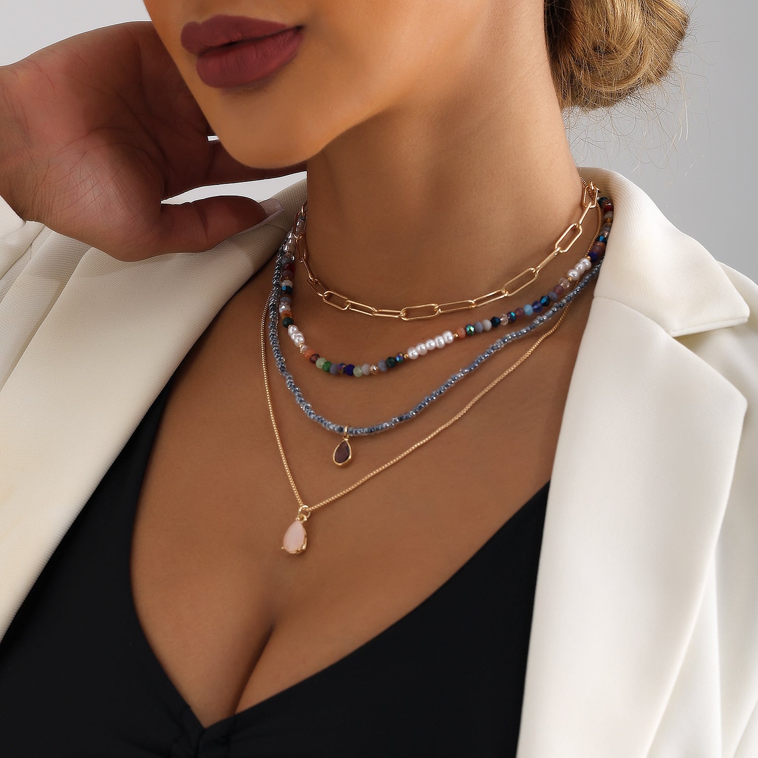 Bohemian Contrast Rice Bead Beaded Multi-layer Necklace