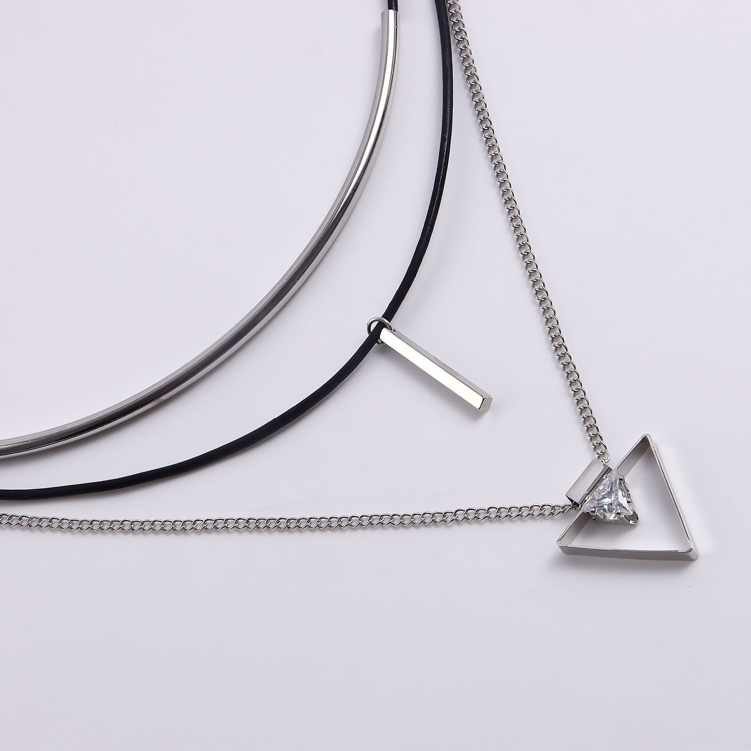 Stacked multi-layer cowhide rope geometric triangle pendant necklace