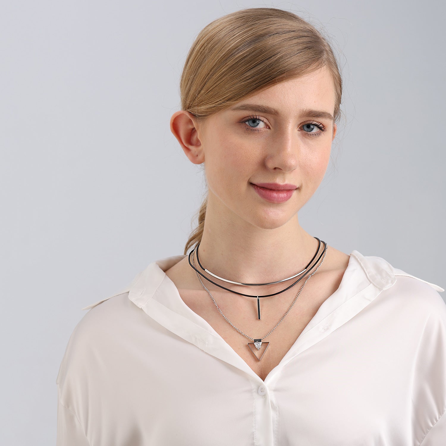 Stacked Multi-Layer Cowhide Rope Geometric Triangle Pendant Necklace