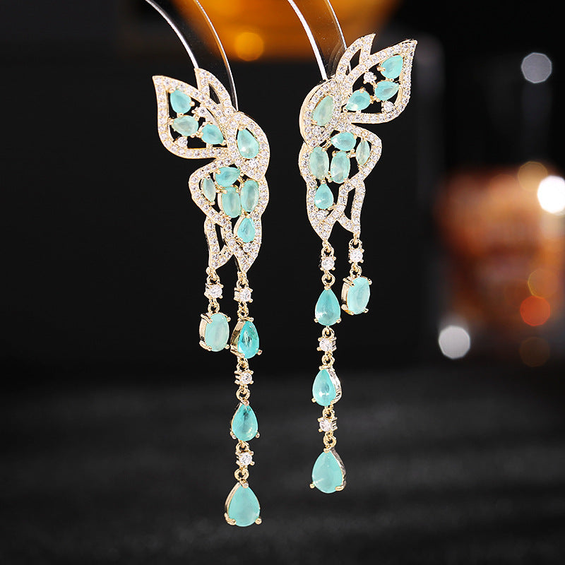 Butterfly water drop fringed earrings