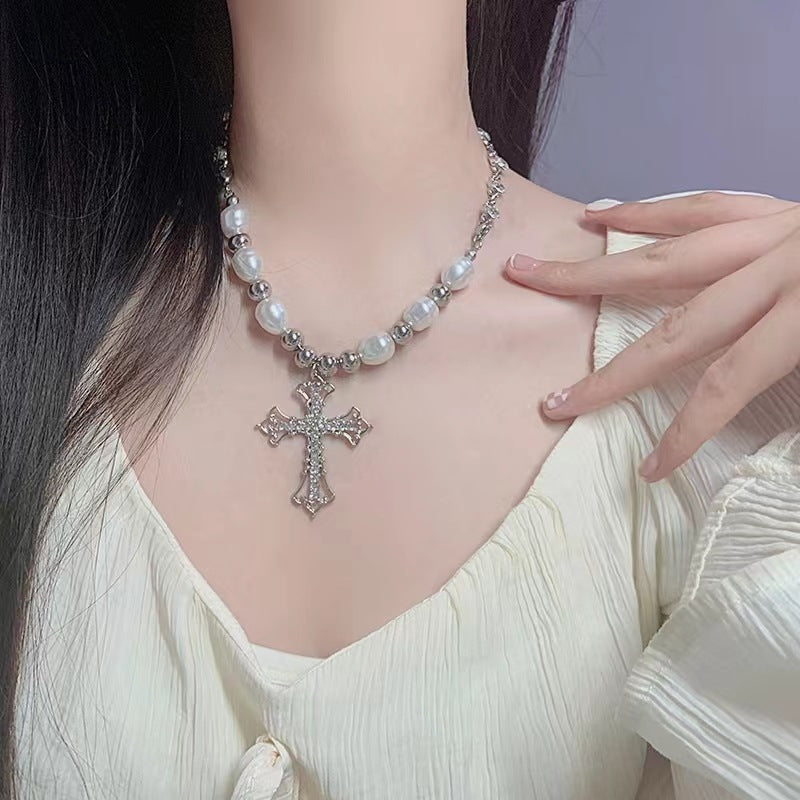 Personalized vintage cross pearl pendant necklace