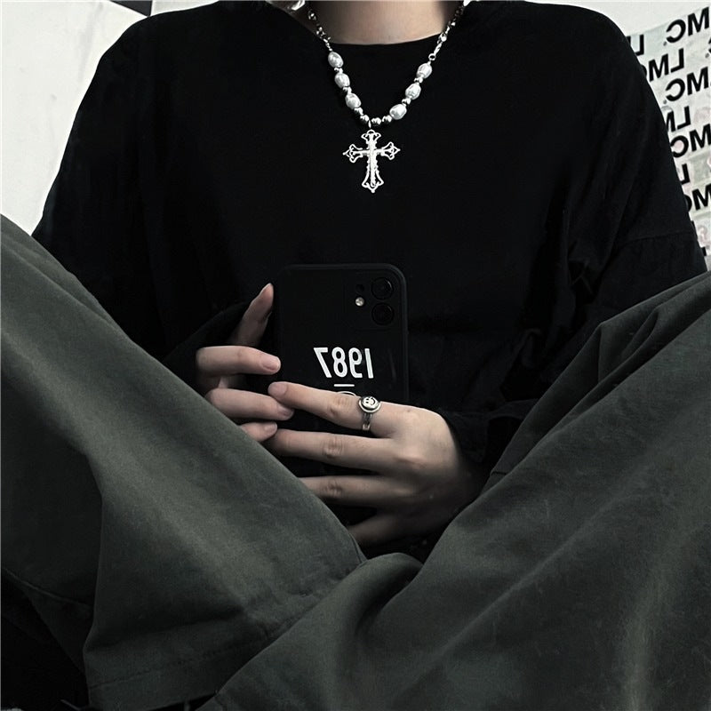 Personalized Vintage Cross Pearl Pendant Necklace